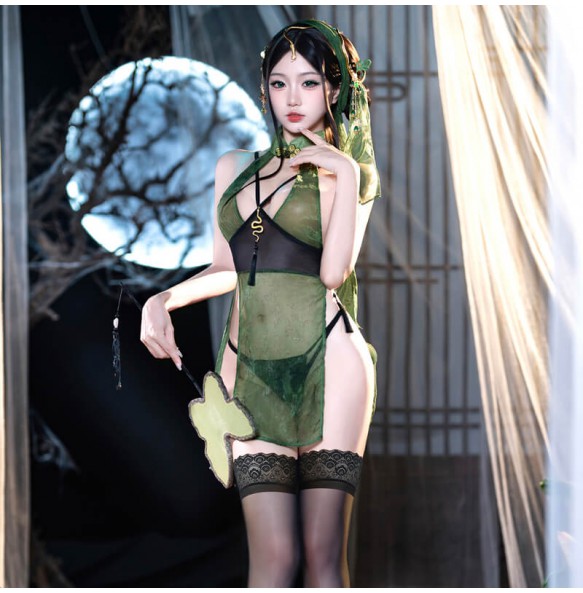 FEE ET MOI - Deep V Backless Cheongsam (Green - Black)